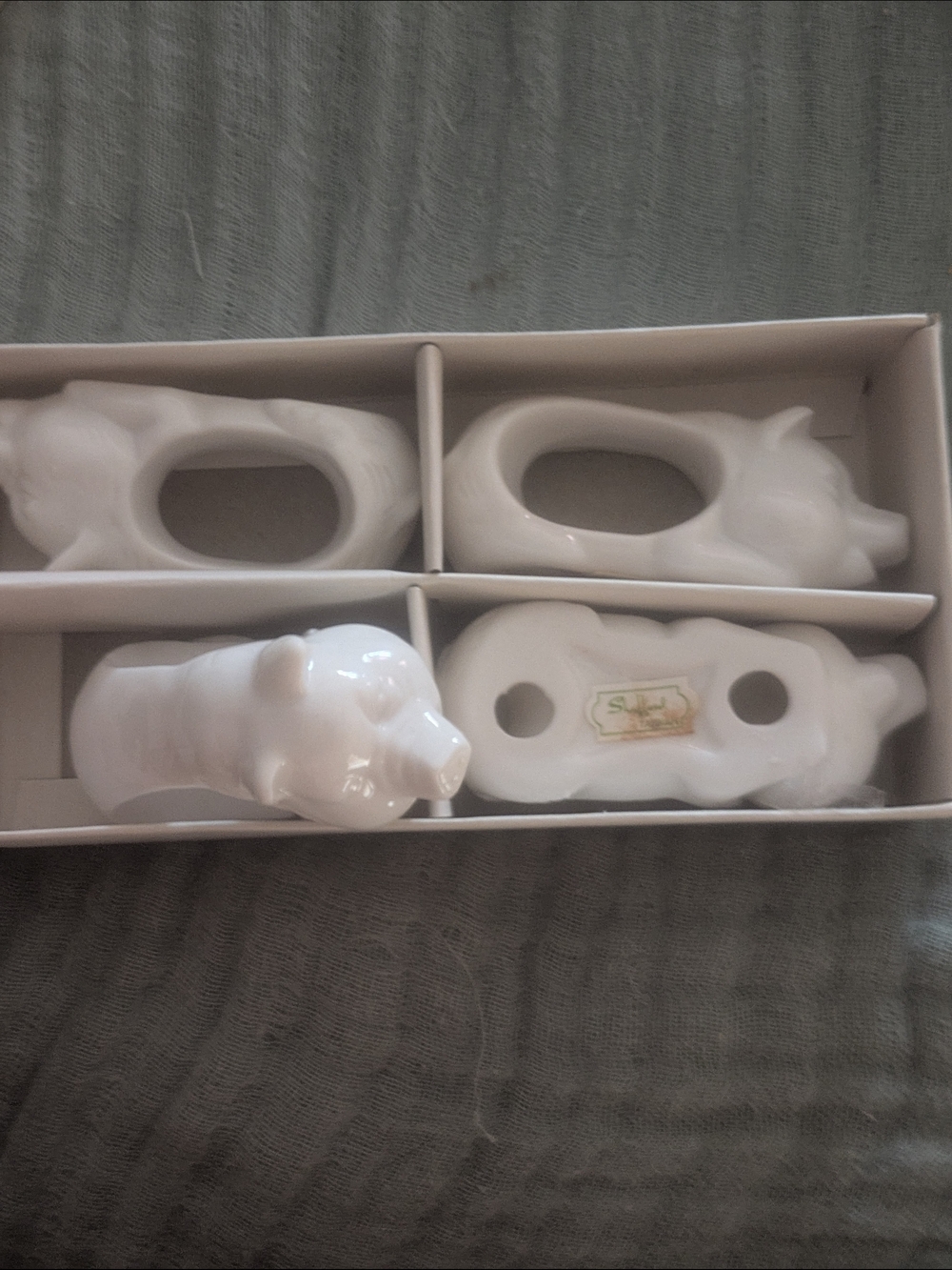 Antique Shaffer Pig Shape Napkin Ring Set - White Ceramic